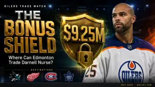 Darnell Nurse 2026 trade graphic, Oilers $9.25M defenseman and 4 destinations with the Bonus Shield buyout block