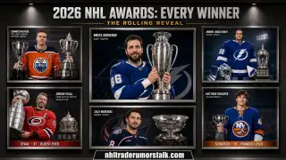 2026 NHL Awards winners graphic: Kucherov Hart, McDavid Ted Lindsay and Art Ross, Schaefer Calder, Staal Conn Smythe