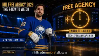 NHL free agency 2026 how-to-watch graphic: July 1 noon ET open, top UFA Alex Tuch, and the new $104M salary cap