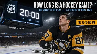 How long is a hockey game graphic: 60 minutes of play versus 2.5 hours of real time, periods, intermissions, overtime