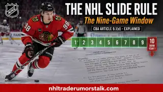 NHL entry-level slide rule explainer graphic: the 9-game window and the 10th-game tripwire under CBA Article 9.1(d)