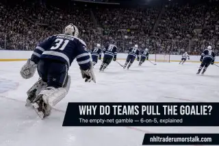 Hockey empty-net explainer graphic on why teams pull the goalie for a sixth attacker and the six-on-five scoring math