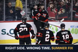 Ottawa Senators defensemen on ice as Senators offseason defenseman search becomes Steve Staios top priority for 2026