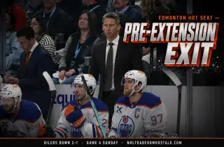 Kris Knoblauch Edmonton Oilers head coach with The Cup Final Tax overlay graphic showing 2 Stanley Cup Final appearances vs 2 wins from termination