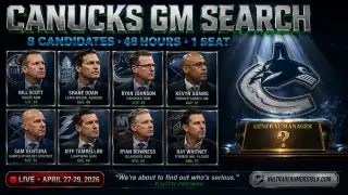 Vancouver Canucks GM search 8 candidates list April 2026 Bill Scott Shane Doan Ryan Johnson Kevyn Adams Jim Rutherford