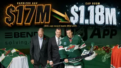 Bill Guerin Minnesota Wild 2026 offseason graphic — Window Paradox cap math $17M Kaprizov $1.18M room