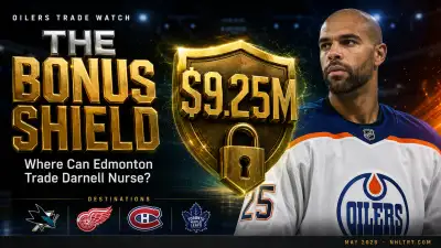 Darnell Nurse 2026 trade graphic, Oilers $9.25M defenseman and 4 destinations with the Bonus Shield buyout block