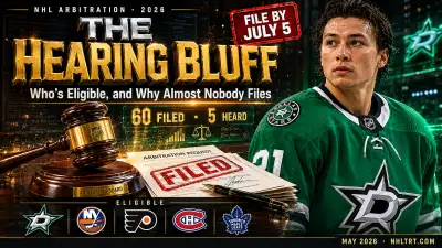 NHL salary arbitration 2026 eligible players graphic, Jason Robertson headlines the class and the Hearing Bluff