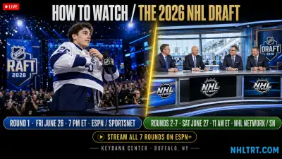 How to watch the 2026 NHL Draft graphic — June 26-27 at KeyBank Center Buffalo, Round 1 ESPN 7pm and Rounds 2-7 NHL Network 11am, US and Canada channels