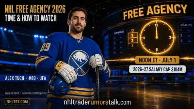 NHL free agency 2026 how-to-watch graphic: July 1 noon ET open, top UFA Alex Tuch, and the new $104M salary cap
