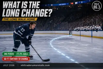 NHL players on the long change in the second period, the bench far from the defensive zone as a tired defenseman skates off