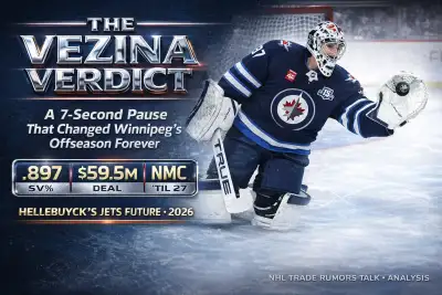 Connor Hellebuyck Winnipeg Jets goaltender somber face during April 2026 end-of-season press conference after team missed playoffs
