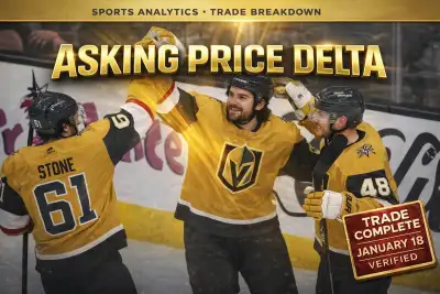 Rasmus Andersson in Vegas Golden Knights jersey skating at T-Mobile Arena, Calgary Flames logo faded in background, asking price delta concept visualized with trade asset breakdown overlay