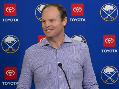 Kevyn Adams former Buffalo Sabres GM split image with Sabres post-firing turnaround representing The Dark Cloud Unlock 14-year drought ending 2026
