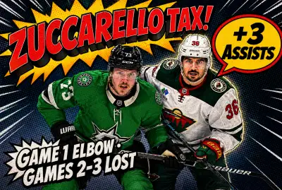 Mats Zuccarello in Minnesota Wild jersey, with The Zuccarello Tax overlay graphic showing +3 assists Game 1 vs -2 record Games 2-3 split