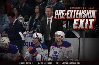 Kris Knoblauch Edmonton Oilers head coach with The Cup Final Tax overlay graphic showing 2 Stanley Cup Final appearances vs 2 wins from termination