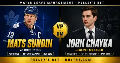 Toronto Maple Leafs logo with John Chayka and Mats Sundin Vice President Hockey Operations management hire reveal April 2026.