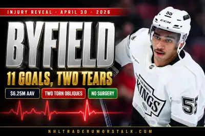 Quinton Byfield Los Angeles Kings center mid-shot at Crypto.com Arena, gold-and-black sweater visible, holding side after release - torn oblique injury reveal cover image, 2026 season