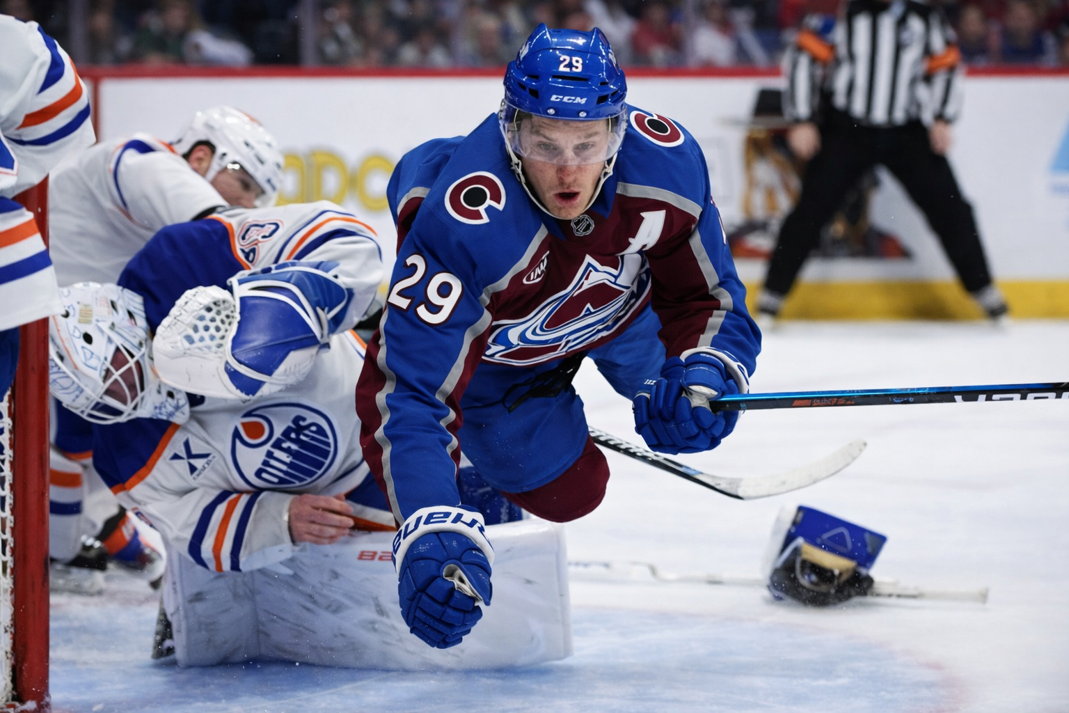 Nathan MacKinnon Colorado Avalanche forward reacting during MacKinnon ejection controversy goaltender interference call 2026