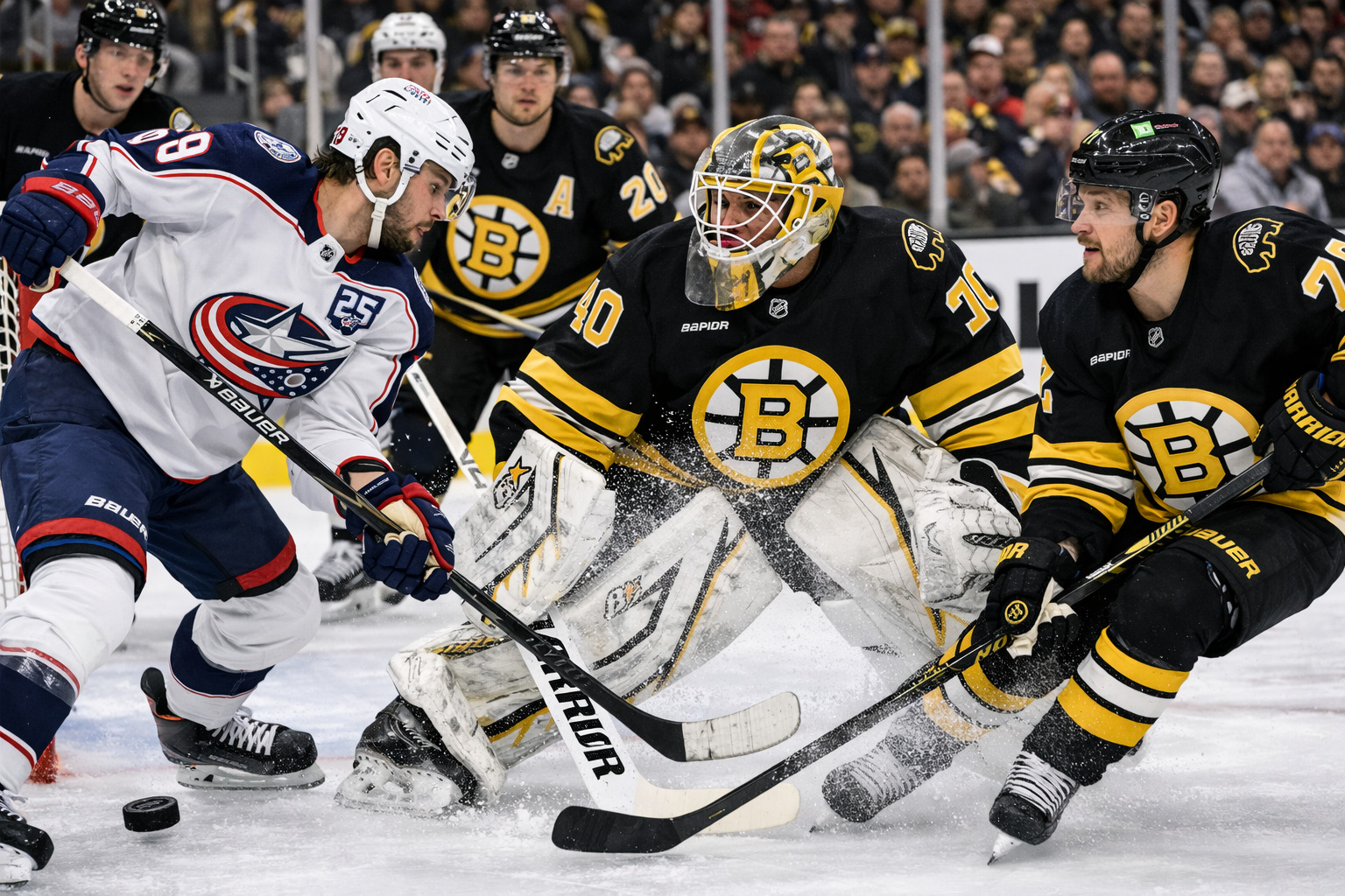 Boston Bruins players on the road during their 2026 playoff wild card push struggling with an 11-14-5 away record