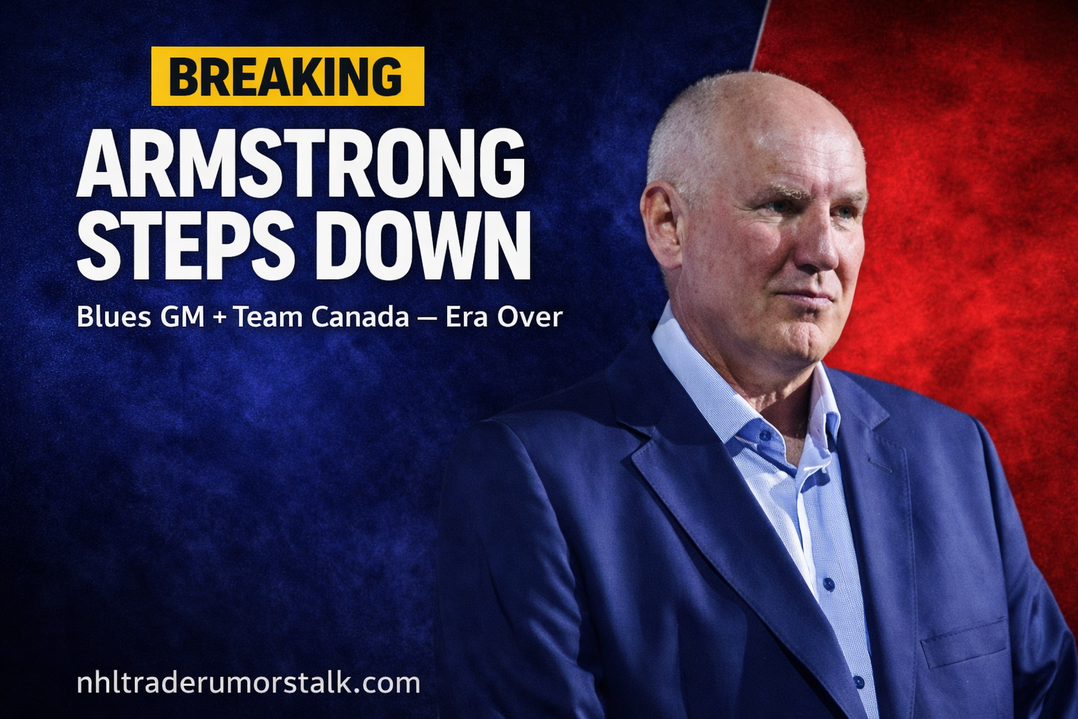 Doug Armstrong at Blues press conference announcing departure as GM and Team Canada Olympic general manager March 2026