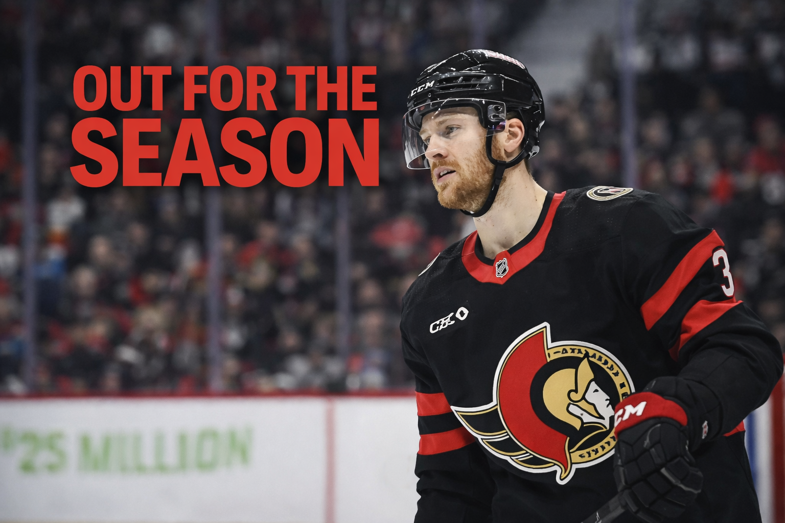 Nick Jensen in Ottawa Senators jersey with OUT FOR THE SEASON text overlay after knee surgery announcement