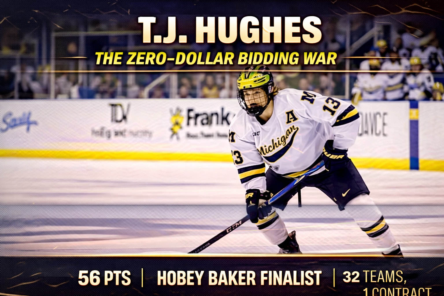 T.J. Hughes celebrating with Michigan Wolverines teammates during Frozen Four as NHL teams chase the top college free agent of 2026